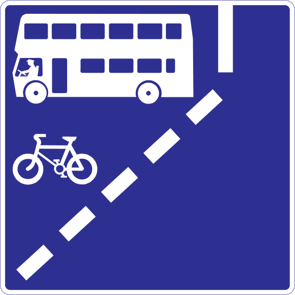 Bandă pentru autobuze și biciclete în sensul de mers, în față, pe partea stângă.