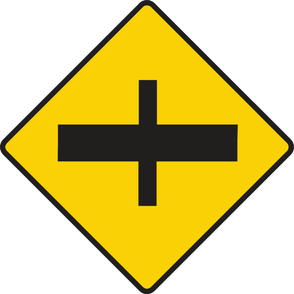 Indicator rutier din Irlanda: Intersecție (în cruce) cu drum principal în față.